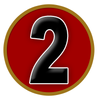 Black number two on a red circle with a gold border