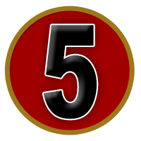 Black number five on a red circle with a gold border