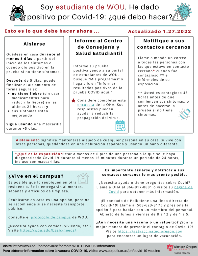 WOU Student Test Positive Handout (Spanish, Updated 1.27.22)