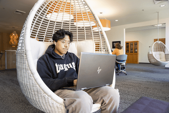 Student in basket chair with a laptop on their lap