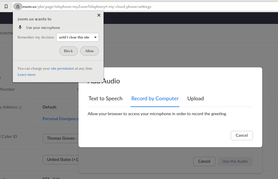 image allowing browser window to use microphone Zoom Phone